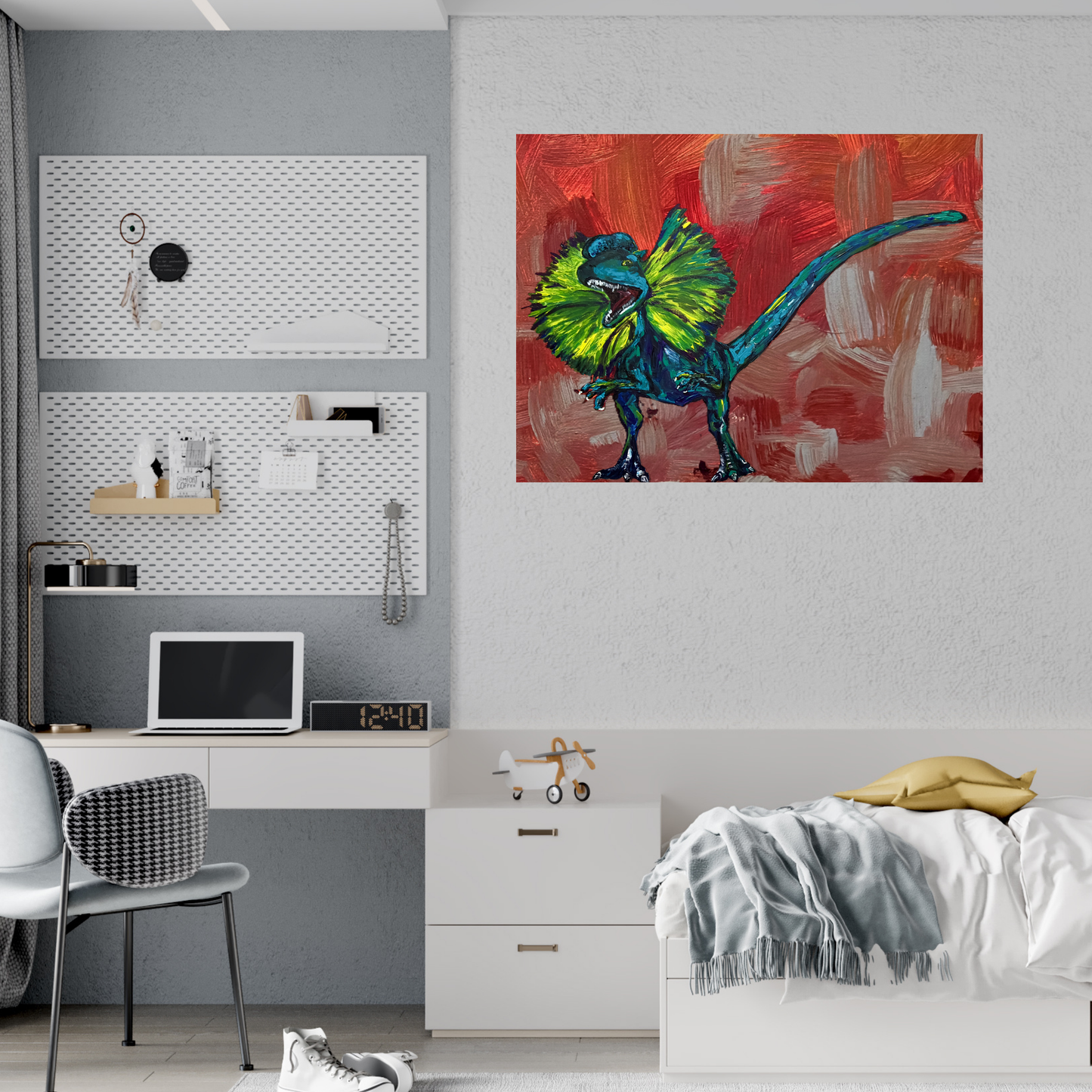 Vibrant Dinosaur Art Poster, Colorful Frilled Dilophosaurus Original Artwork Print