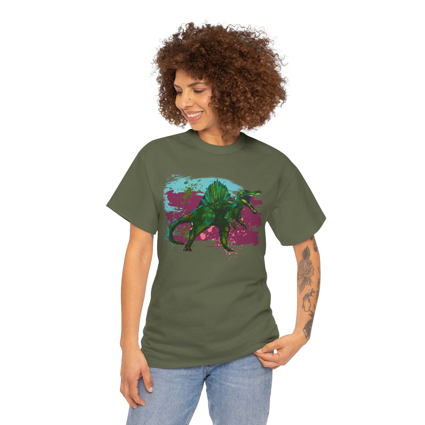 Vibrant Spinosaurus Dinosaur Wearable Art Unisex Heavy Cotton Tee, Eco-Friendly Fashion