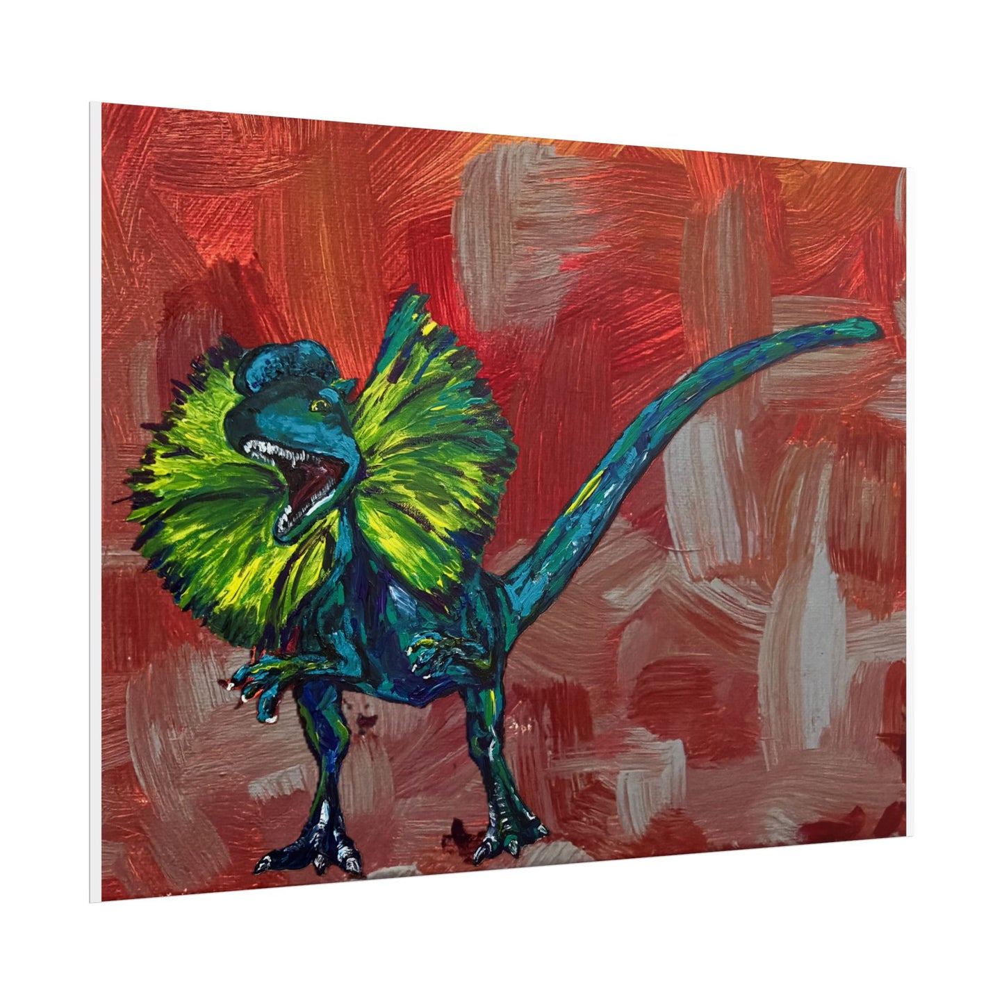 Vibrant Dinosaur Art Poster, Colorful Frilled Dilophosaurus Original Artwork Print
