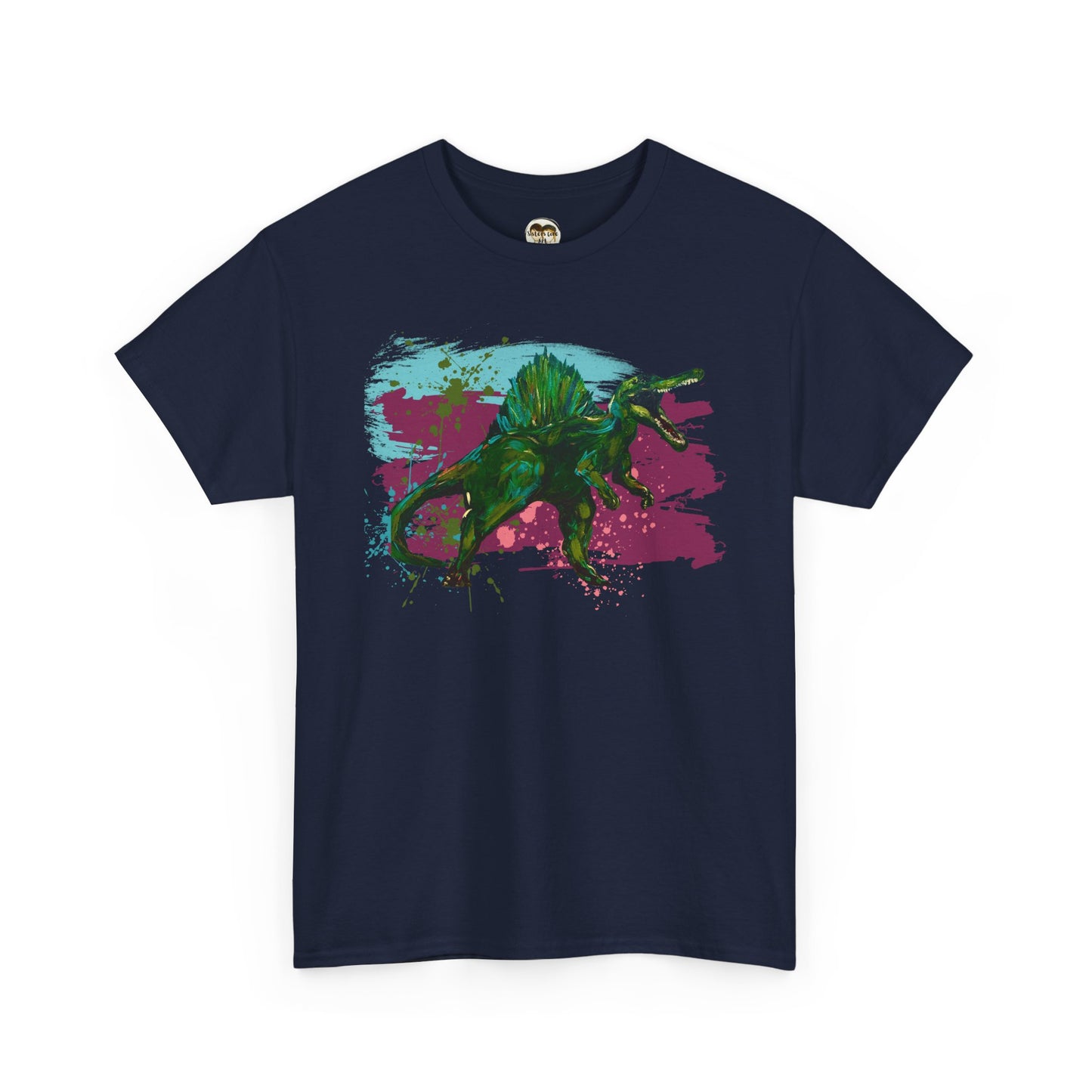 Vibrant Spinosaurus Dinosaur Wearable Art Unisex Heavy Cotton Tee, Eco-Friendly Fashion