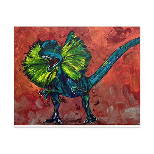 Vibrant Dinosaur Dilophosaurus Art Poster, Whimsical Wall Décor, Home Office Prints, Kids Room Decoration, Unique Gift Idea