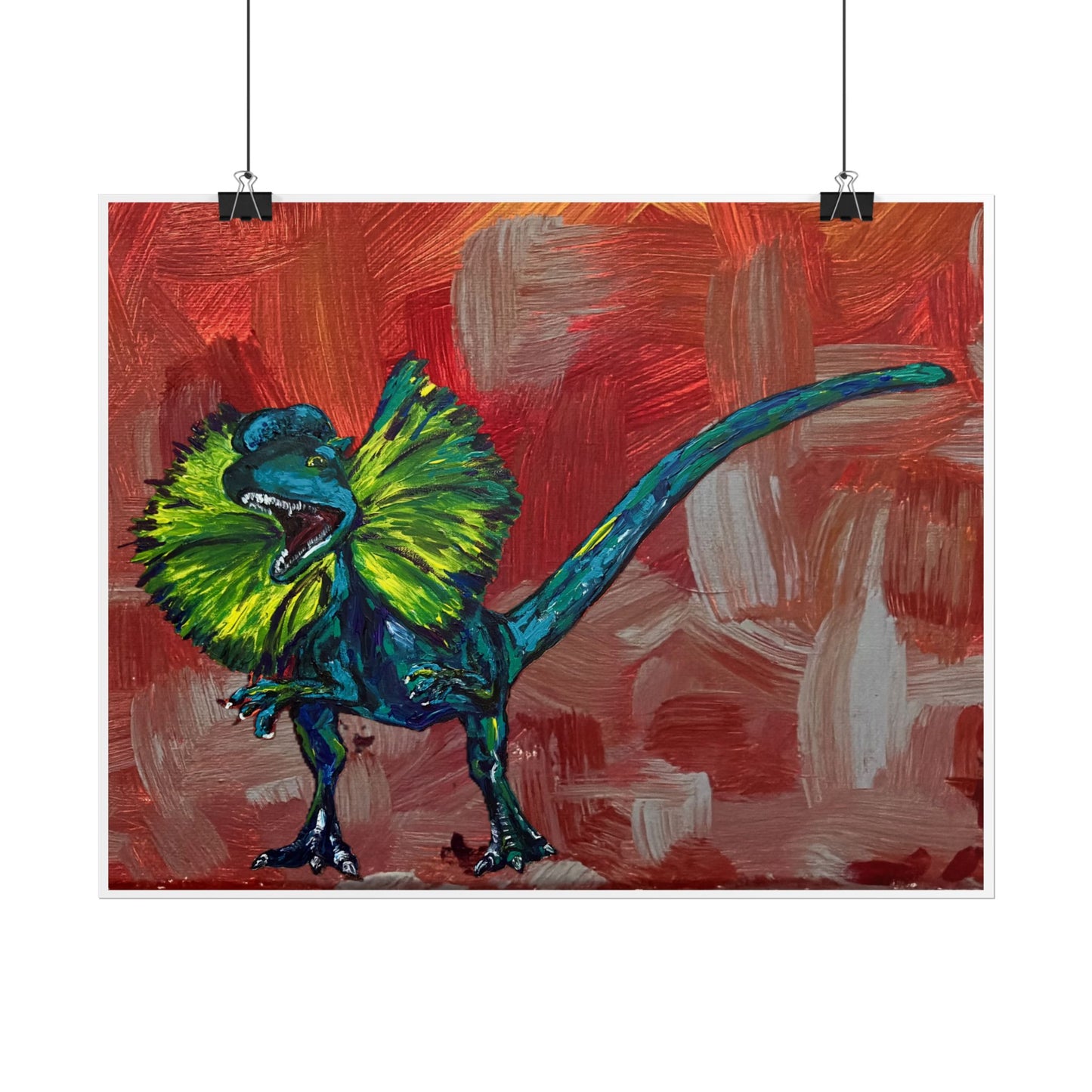 Vibrant Dinosaur Art Poster, Colorful Frilled Dilophosaurus Original Artwork Print