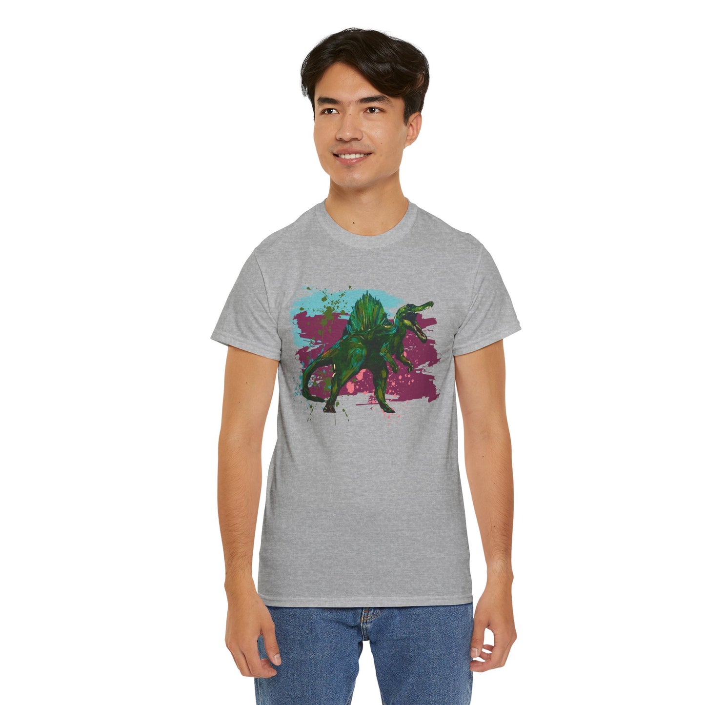 Vibrant Spinosaurus Dinosaur Wearable Art Unisex Heavy Cotton Tee, Eco-Friendly Fashion
