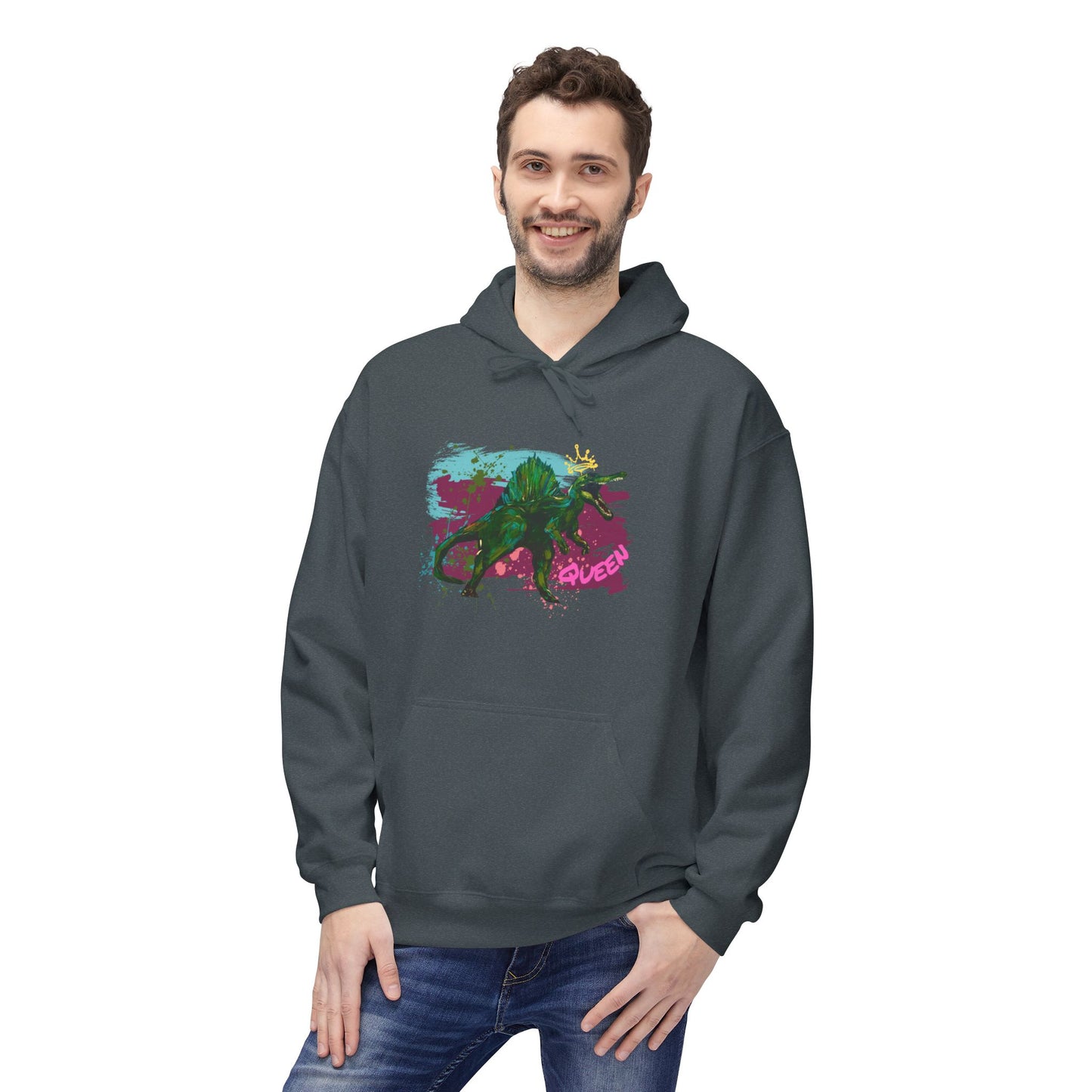 Vibrant Artistic Dinosaur Queen Unisex Hoodie, Cozy Fleece Sweatshirt for Art Lovers, Perfect Gift for Birthdays, Casual Wear, Festivals