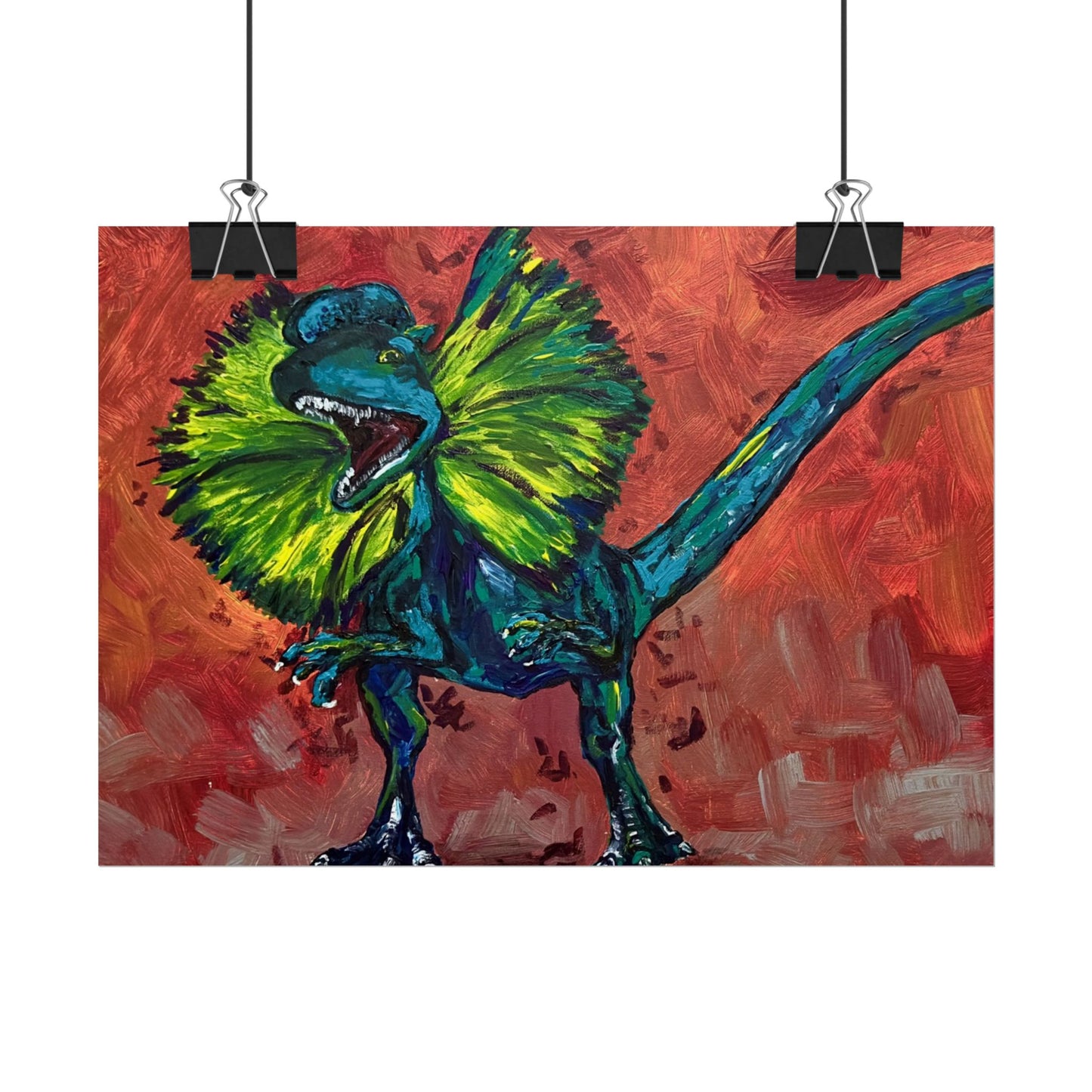 Vibrant Dinosaur Dilophosaurus Art Poster, Whimsical Wall Décor, Home Office Prints, Kids Room Decoration, Unique Gift Idea