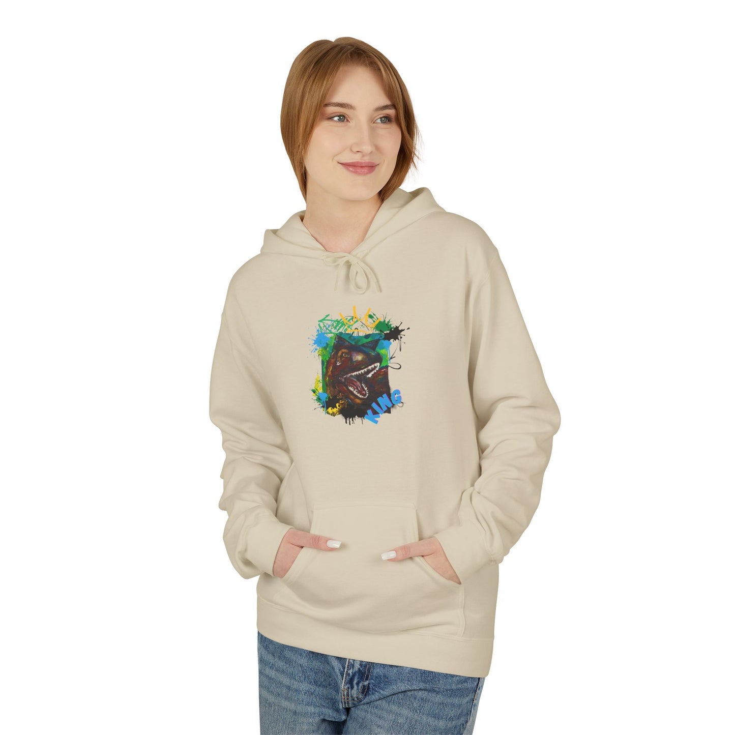 Artistic T-Rex Dino KING Fleece Hoodie, Cozy Sweatshirt, Colorful Hoodie for Art Lovers, Unisex Pullover, Great for Gifts, Casual Wear