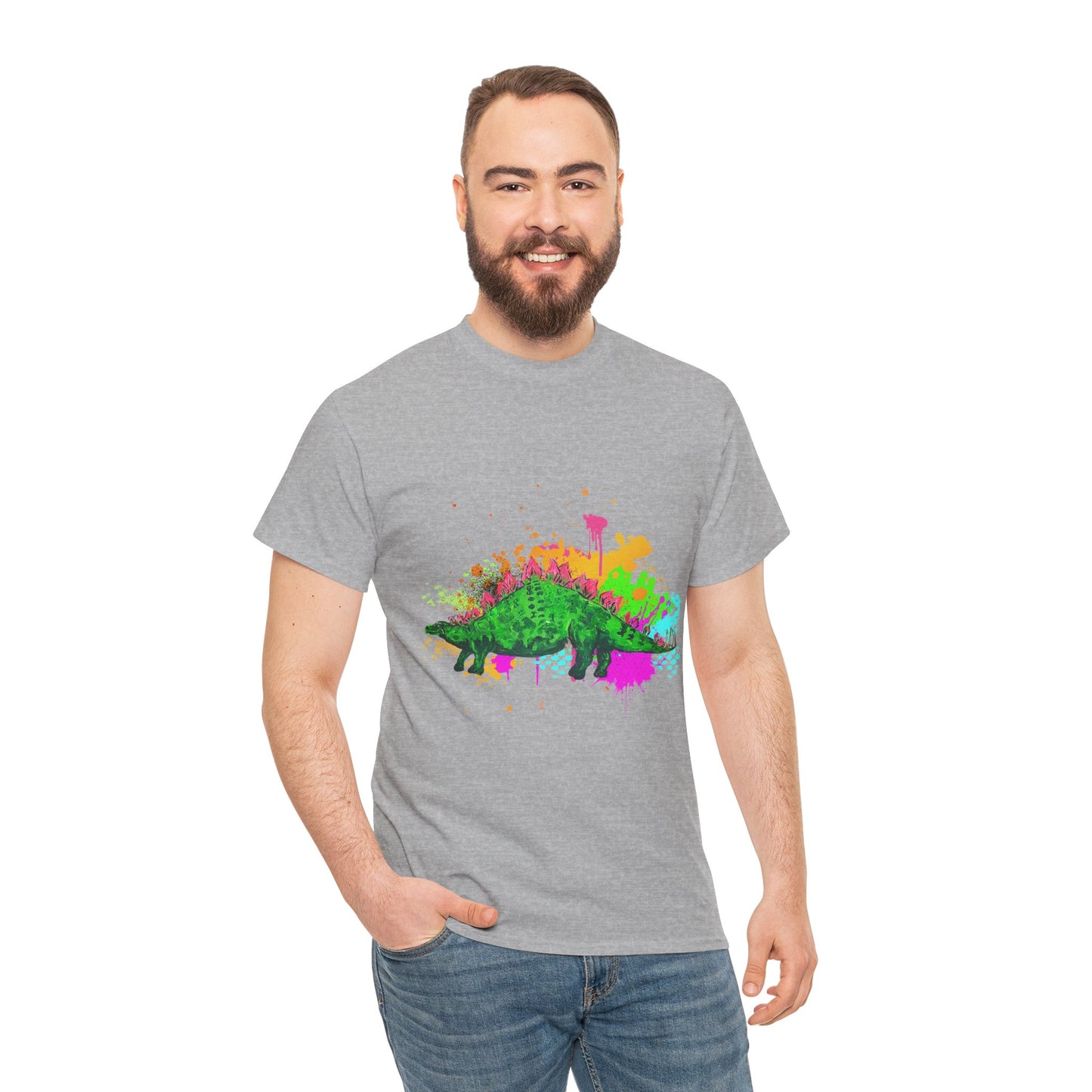 Colorful Dinosaur Unisex Heavy Cotton Tee, Fun Graphic Tee, Dino Lovers Gift, Eco-friendly Fashion, Casual Wear