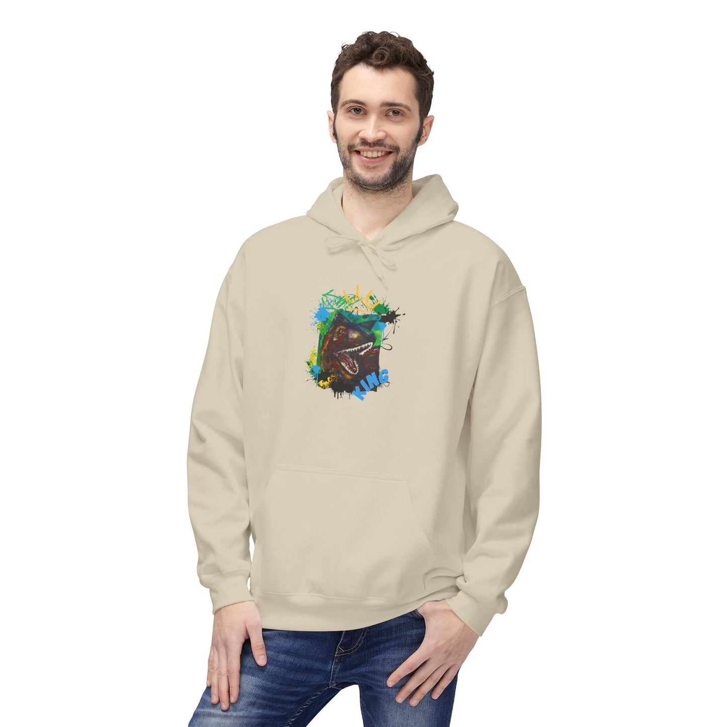 Artistic T-Rex Dino KING Fleece Hoodie, Cozy Sweatshirt, Colorful Hoodie for Art Lovers, Unisex Pullover, Great for Gifts, Casual Wear