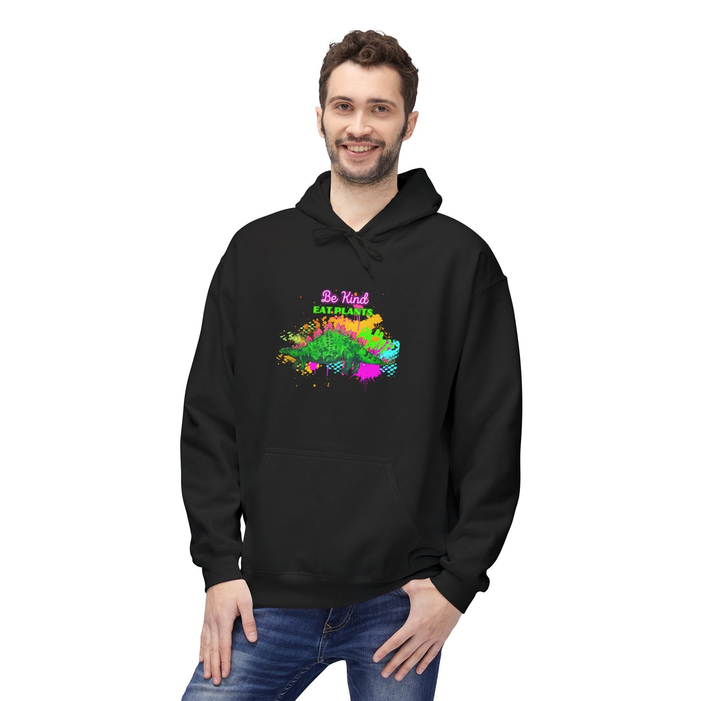Vibrant Inspirational Steggy Dino Hoodie, Be KIND eat Plants, Colorful Fleece Sweatshirt, Casual Wear, Gift for Friends, Motivation Apparel