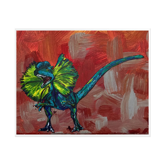 Vibrant Dinosaur Art Poster, Colorful Frilled Dilophosaurus Original Artwork Print