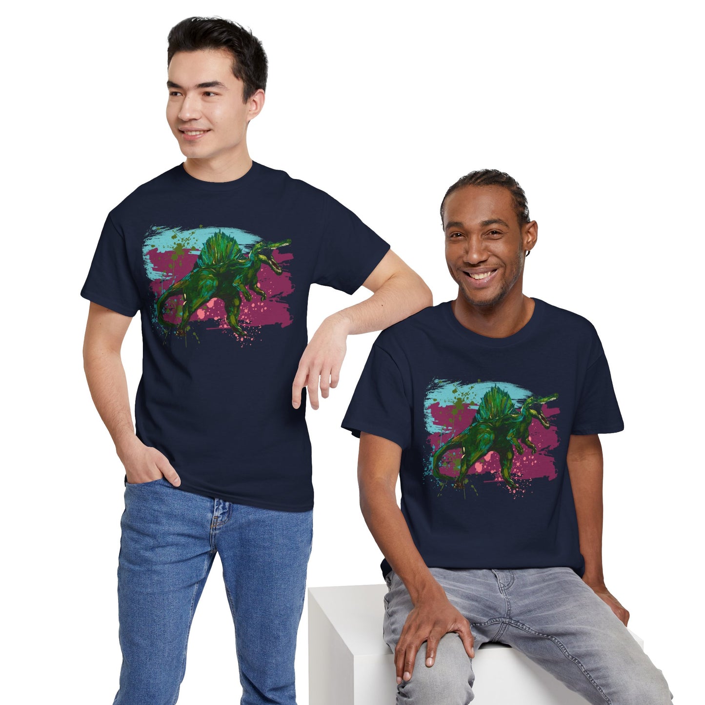 Vibrant Spinosaurus Dinosaur Wearable Art Unisex Heavy Cotton Tee, Eco-Friendly Fashion