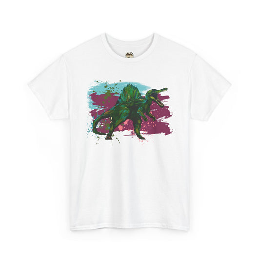 Vibrant Spinosaurus Dinosaur Wearable Art Unisex Heavy Cotton Tee, Eco-Friendly Fashion