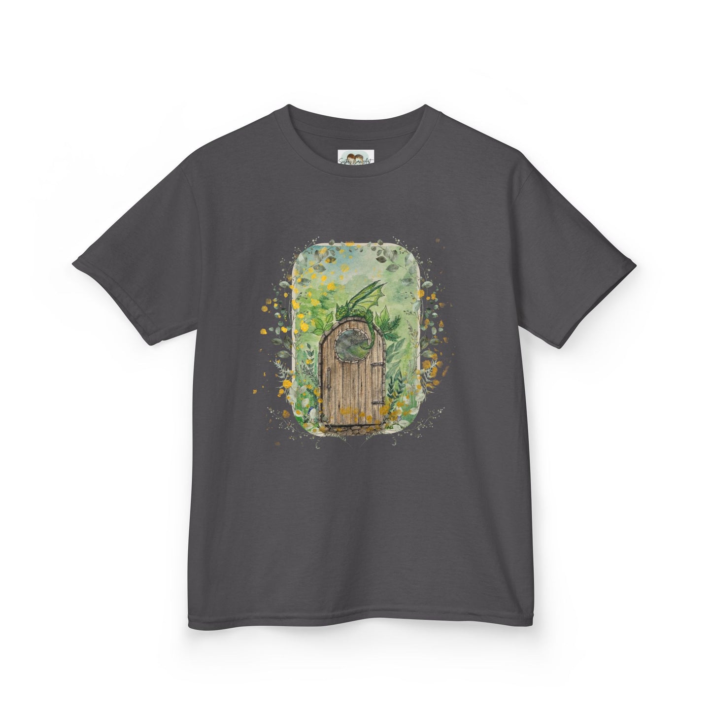 Whimsical Dragon Garden Door Kids Tee, Playful Cotton T-Shirt for Boys and Girls, Nature-Inspired Apparel, Perfect Gift for Birthdays